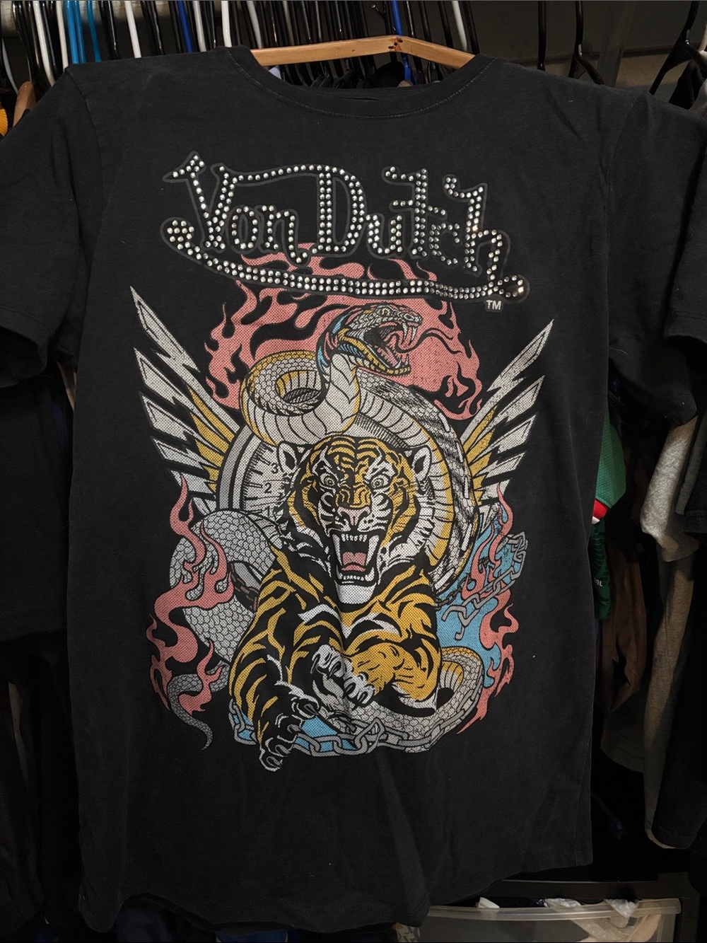 Von Dutch Black Tee with Multicolor Tiger & Snake Graphic